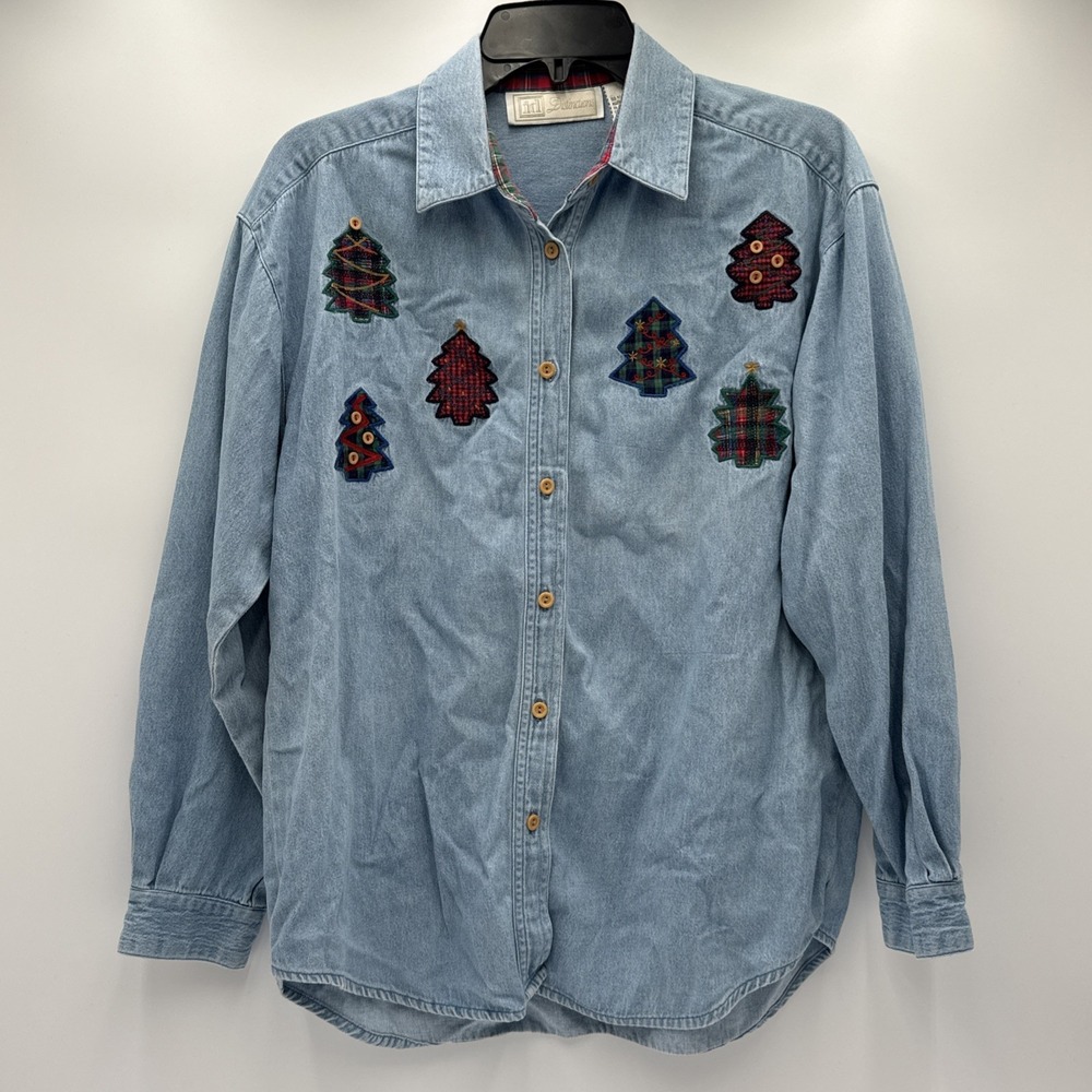 Vintage Women's Medium Ugly Christmas Tree Embroidered Denim Grandma Core
